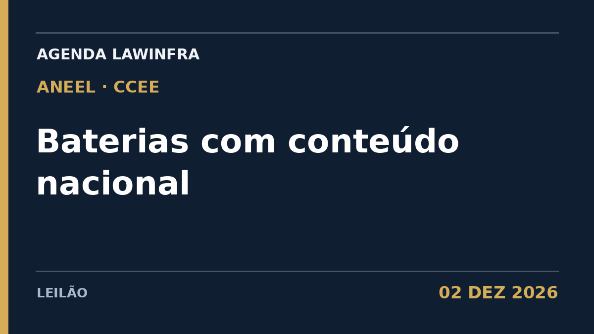 Arte editorial LAWINFRA: Leilão de baterias com conteúdo nacional