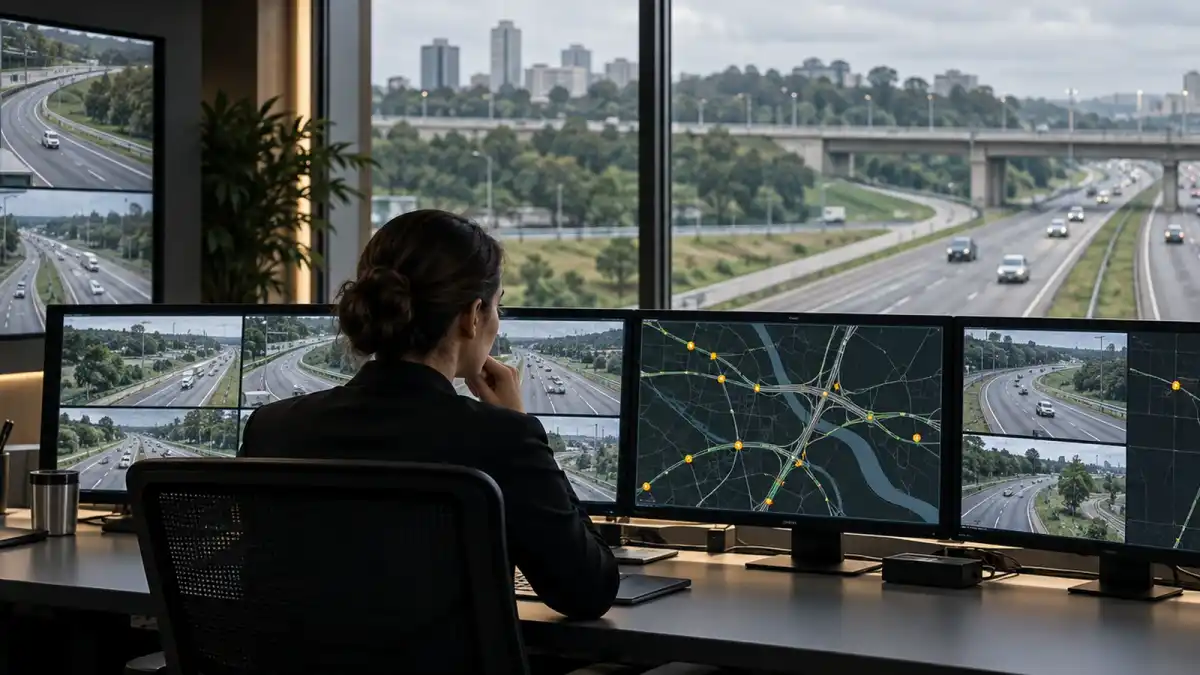 Centro de controle de rodovia com supervisão humana de sistemas digitais de monitoramento