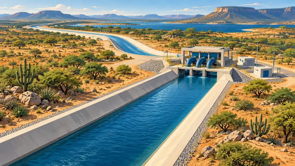 Ilustração de canal de adução de água e estação de bombeamento em paisagem do semiárido