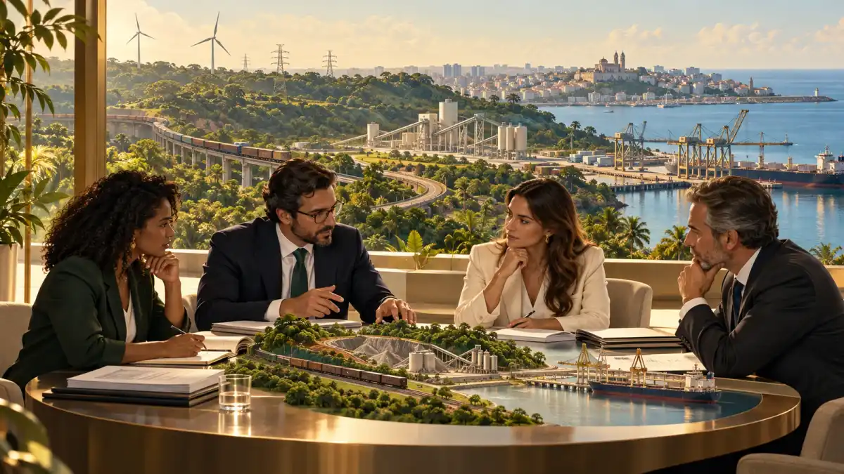 Ilustração de quatro profissionais analisando contratos e uma maquete com mineração, energia, ferrovia e porto, em ambiente de encontro com paisagem costeira ao fundo.