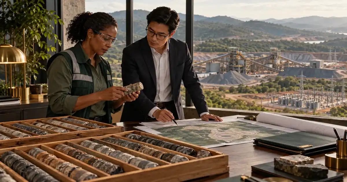 Engenheira e profissional jurídico analisam amostra mineral e planta de um projeto, com instalações de processamento e rede elétrica ao fundo.