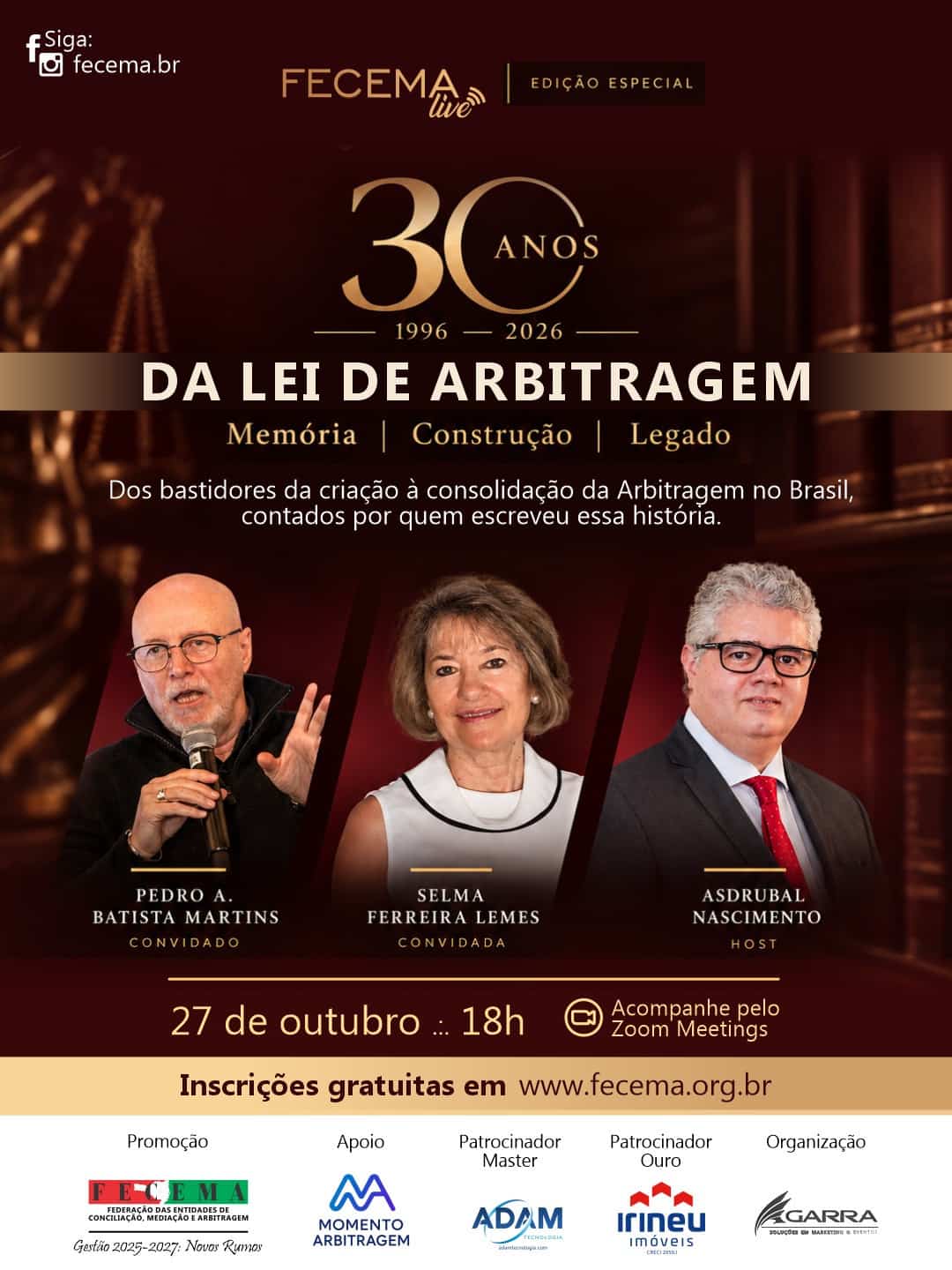 Cartaz oficial da FECEMA para o encontro de 27 de outubro de 2026, com Pedro A. Batista Martins, Selma Ferreira Lemes e Asdrubal Júnior.
