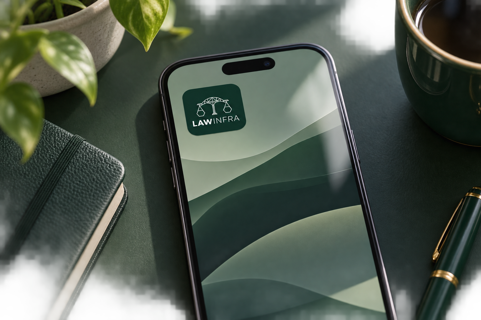 Ilustração de smartphone com o ícone do LAWINFRA na tela inicial