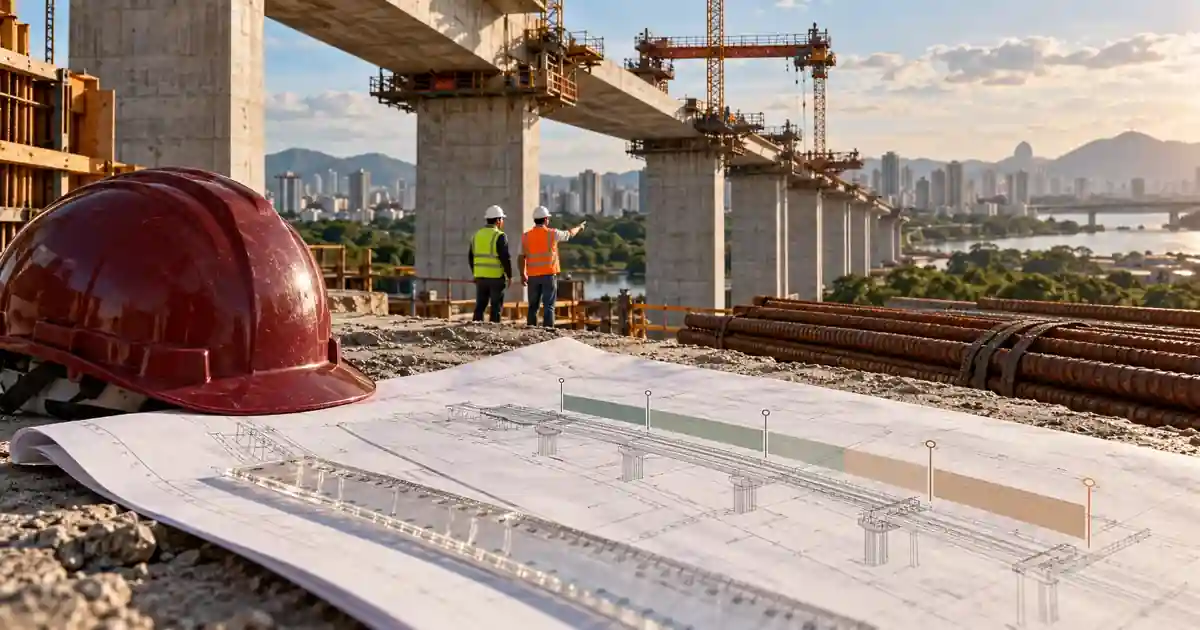 Capacete e desenho de engenharia diante de uma ponte em construção, com profissionais acompanhando a execução ao fundo.