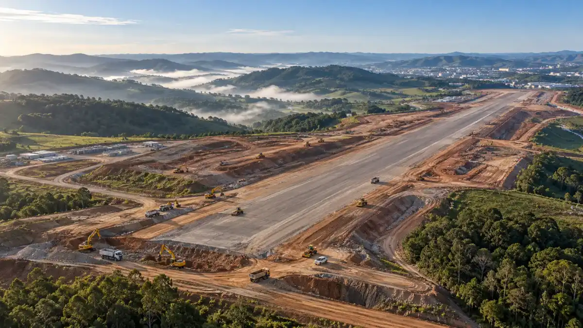 Ilustração editorial aérea de pista aeroportuária em início de construção entre colinas da Serra Gaúcha