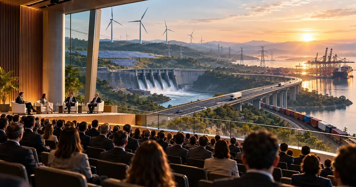 Ilustração de congresso diante de paisagem com estradas, porto, usinas e linhas de transmissão
