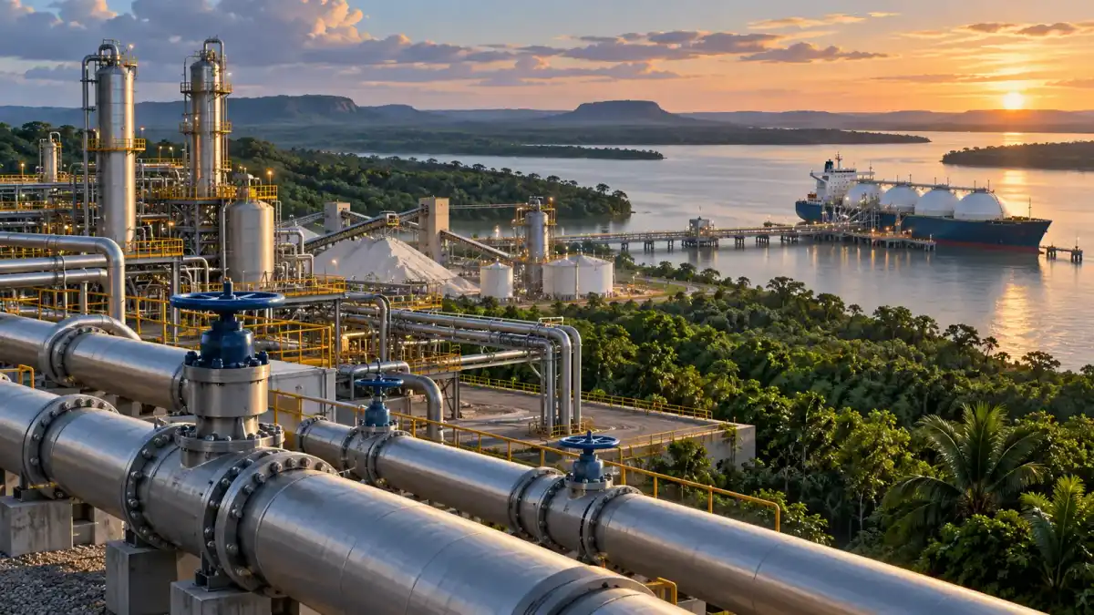 Ilustração conceitual de infraestrutura industrial conectada ao suprimento de gás