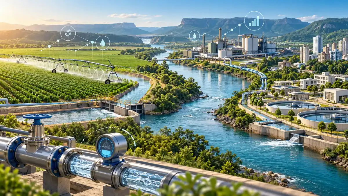 Ilustração editorial de irrigação, indústria e tratamento urbano conectados por infraestrutura de água e instrumentos de medição