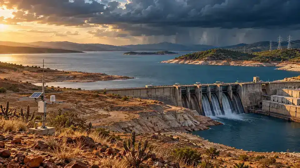 Ilustração editorial de reservatório, barragem e estação de monitoramento diante de terreno seco e chuva ao fundo