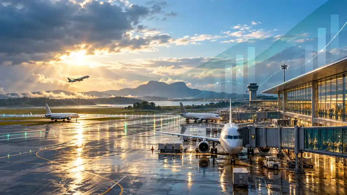 Ilustração editorial de aeroporto retomando operações após chuva, com camadas gráficas conceituais de reequilíbrio contratual