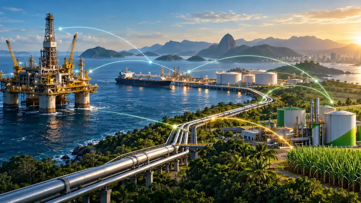 Ilustração editorial de plataforma offshore, gasodutos, terminal e unidade de biocombustíveis conectados