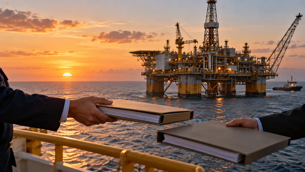 Ilustração editorial de documentos contratuais sendo entregues diante de plataforma offshore de petróleo e gás