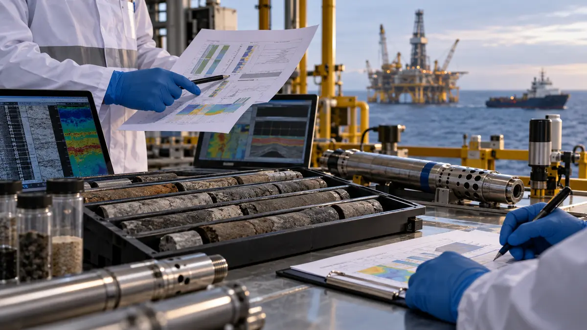 Ilustração editorial de laboratório de petróleo com amostras, sensores e análise de dados diante de plataforma offshore