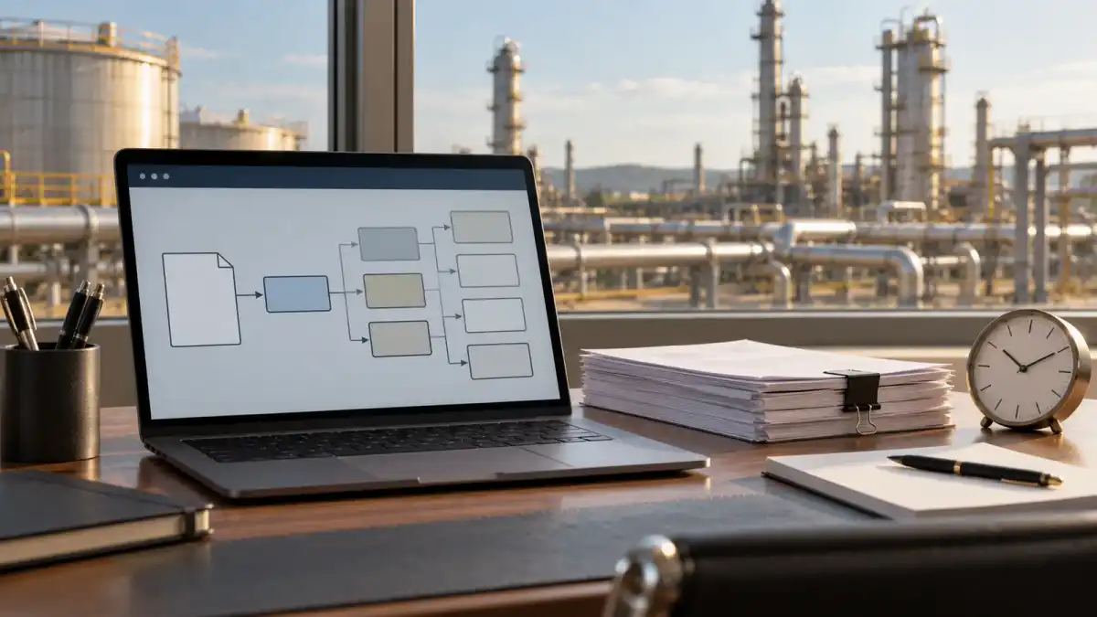 Ilustração conceitual de computador, documentos e relógio para gestão de processos
