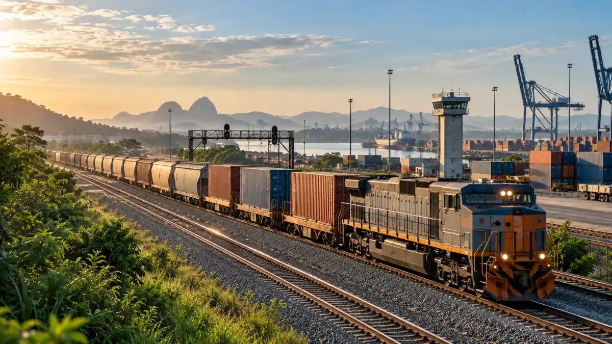 Ilustração editorial de trem de carga em corredor ferroviário conectado a terminal intermodal brasileiro