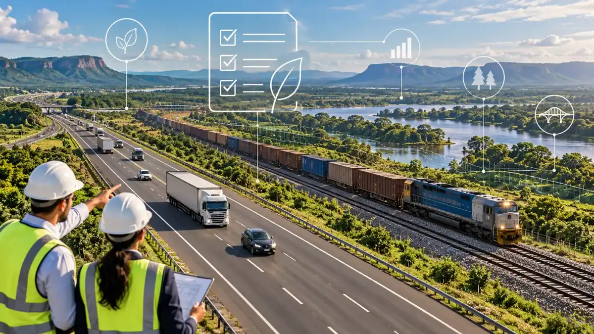 Ilustração editorial de rodovia e ferrovia operadas em paralelo sob avaliação de parâmetros de sustentabilidade