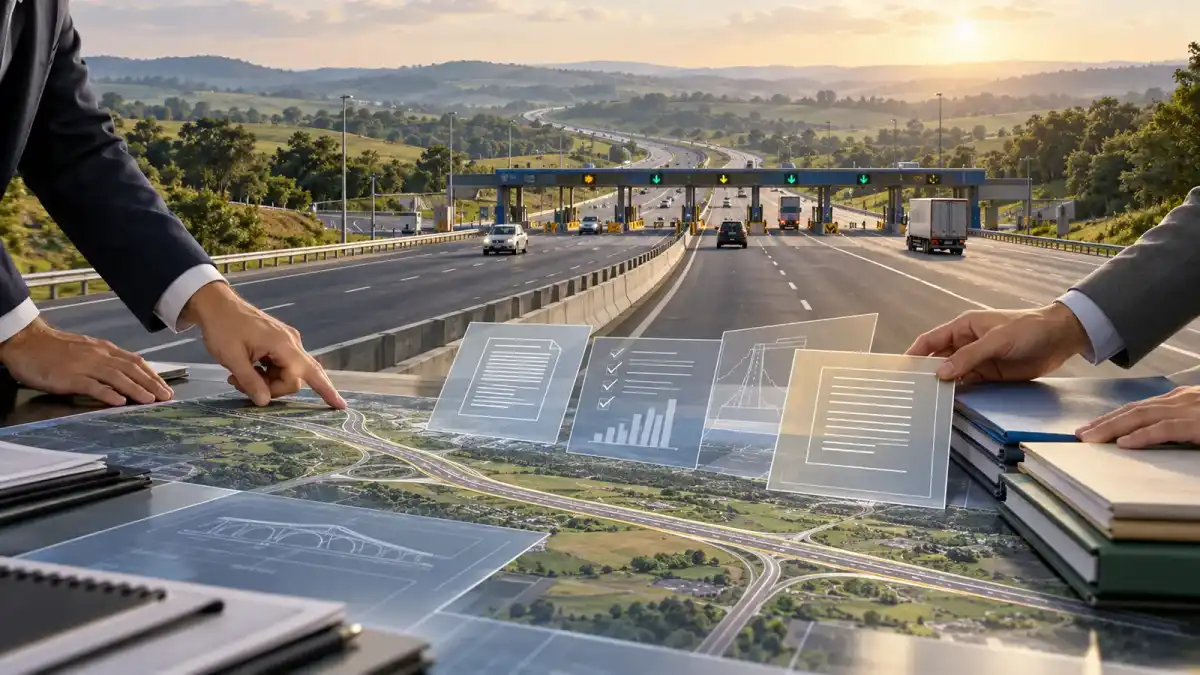 Ilustração editorial de rodovia concedida dividida por documentos e uma negociação institucional