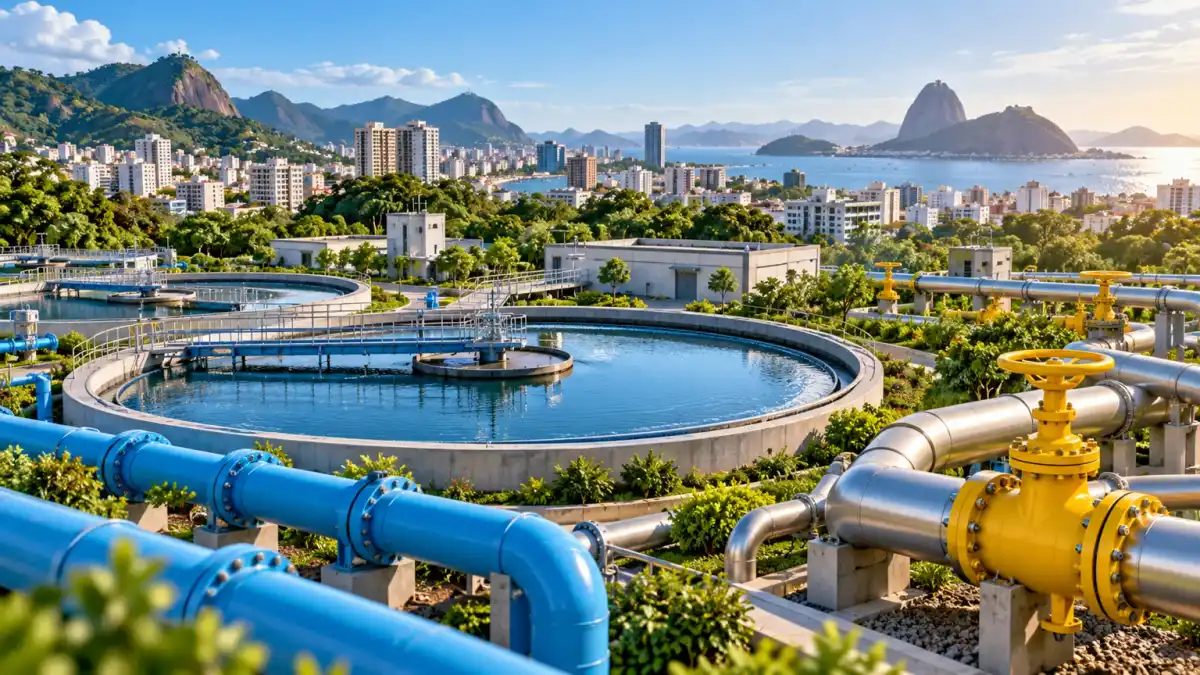 Ilustração conceitual de redes de gás e tratamento de água integradas a uma cidade