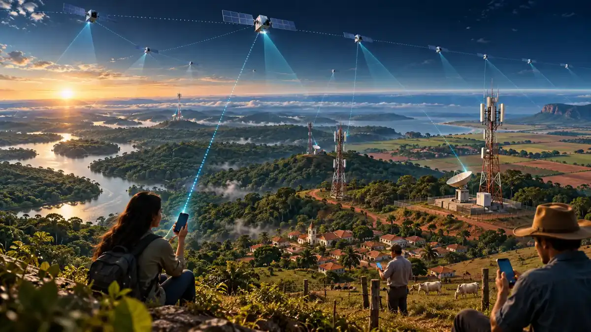 Ilustração conceitual de satélites de baixa órbita conectando torres, gateways e celulares no Brasil