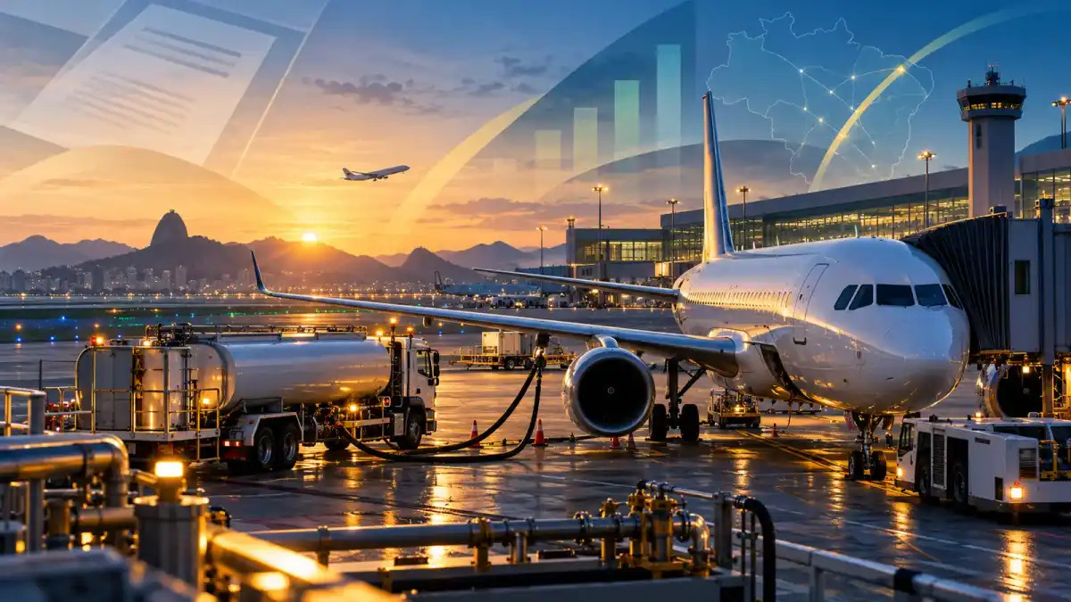 Ilustração conceitual de avião comercial sem marca sendo abastecido em aeroporto brasileiro