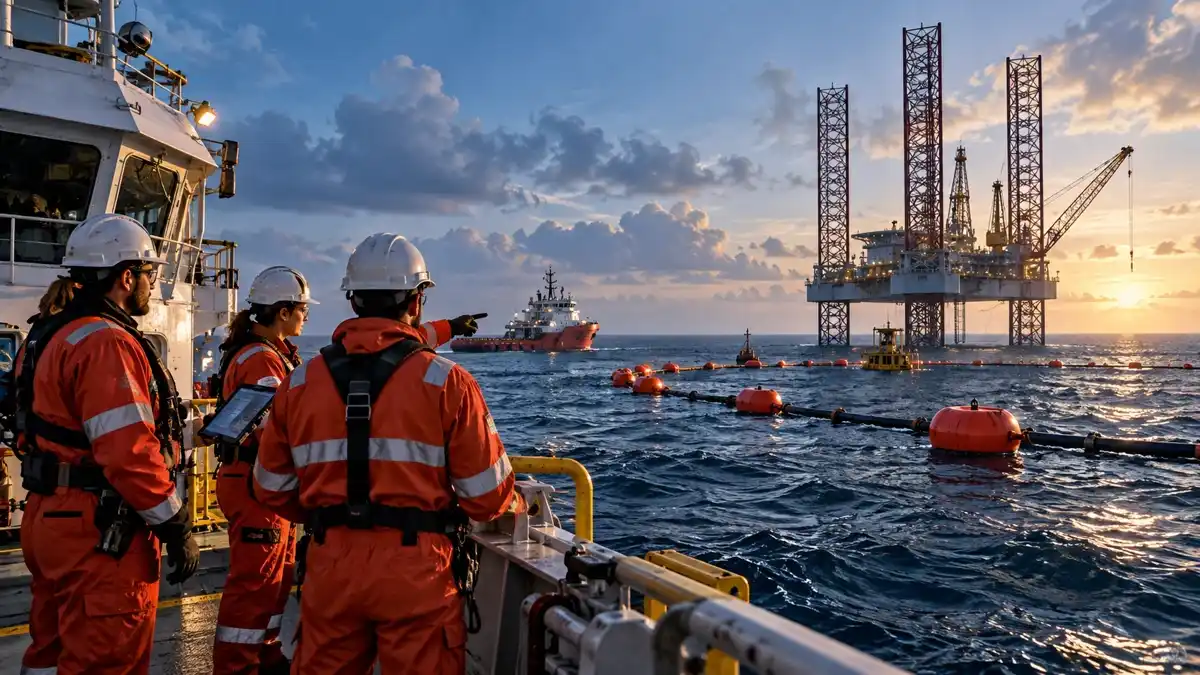 Ilustração conceitual de profissionais inspecionando equipamentos em instalação offshore, com plataforma ao fundo