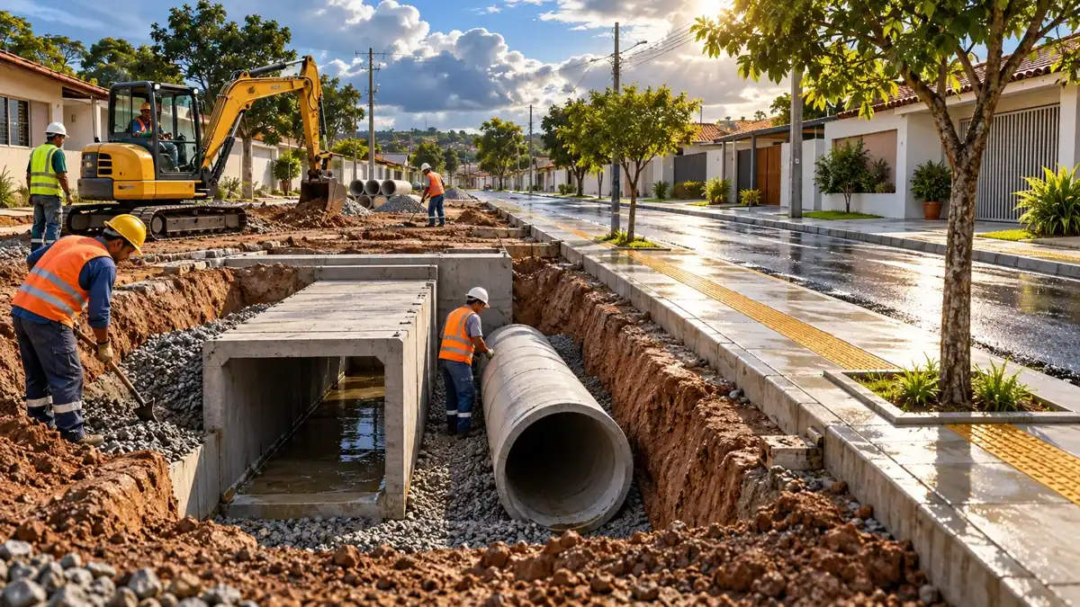 Ilustração conceitual de infraestrutura hídrica e drenagem urbana integrada à cidade