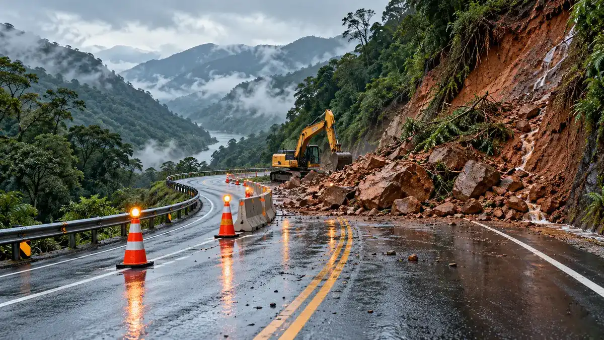 Ilustração conceitual de rodovia em serra com queda de barreira, sinalização e equipamento de manutenção