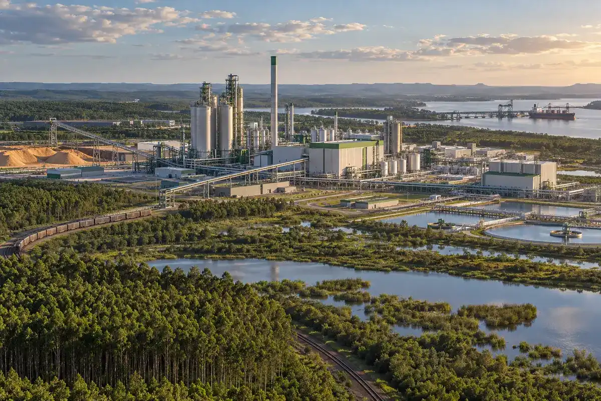 Ilustração editorial aérea de fábrica de celulose planejada entre florestas plantadas, áreas úmidas e infraestrutura logística
