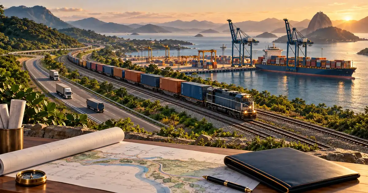 Ilustração conceitual de ferrovia de cargas, rodovia e porto diante de uma mesa com documentos de planejamento e contratos