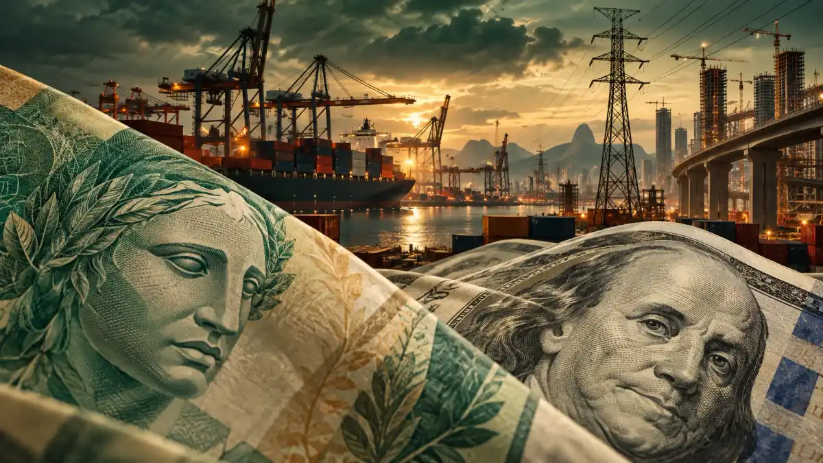 Ilustração conceitual de cédulas de real e dólar diante de porto, linhas de transmissão e obras.