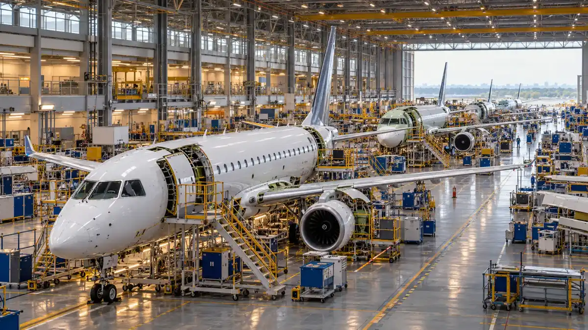 Ilustração editorial de aeronaves comerciais em diferentes etapas de montagem dentro de um grande hangar industrial
