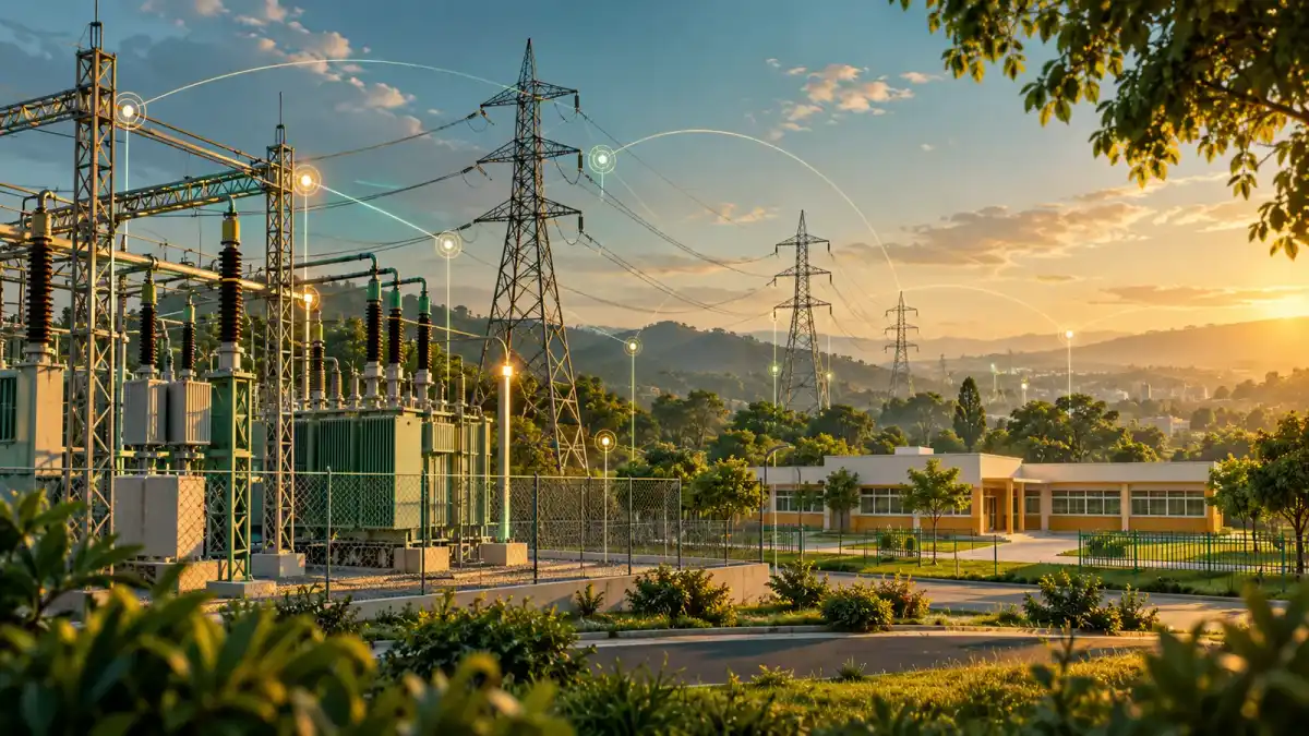 Ilustração conceitual de rede elétrica, subestação e prédio escolar