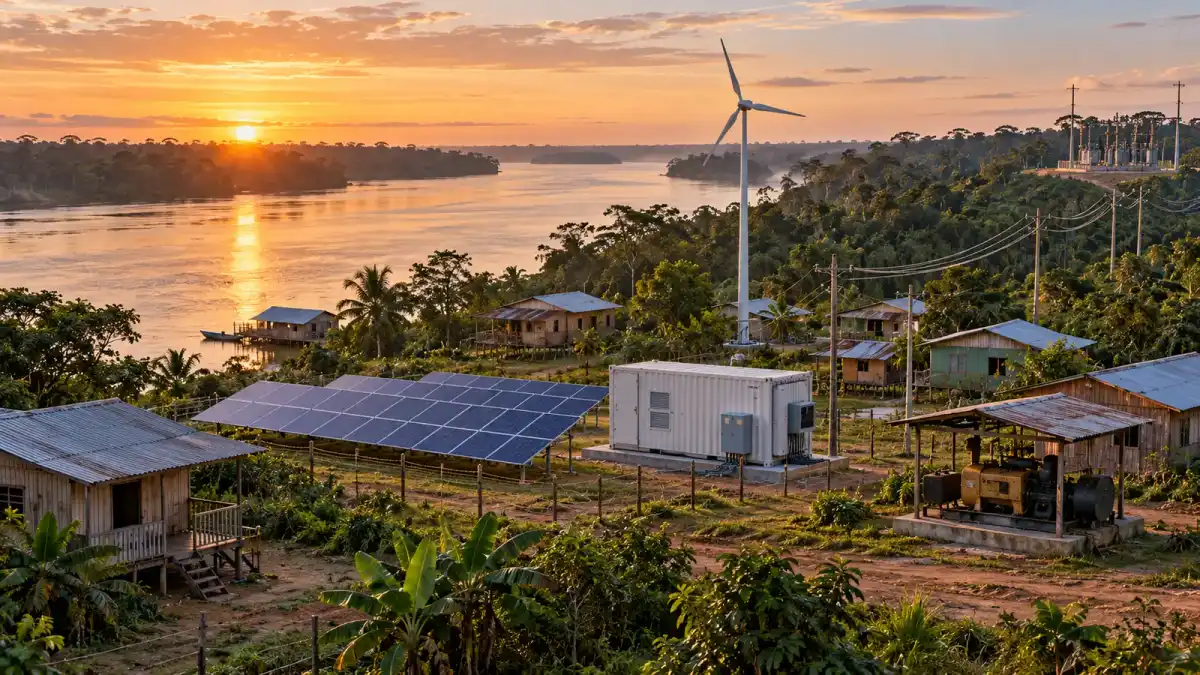 Ilustração editorial de comunidade amazônica atendida por geração solar, armazenamento, rede elétrica e fonte eólica