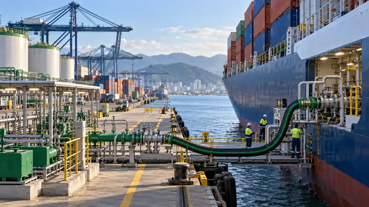 Ilustração editorial de navio porta-contêineres recebendo combustível de baixo carbono por sistema seguro em terminal portuário
