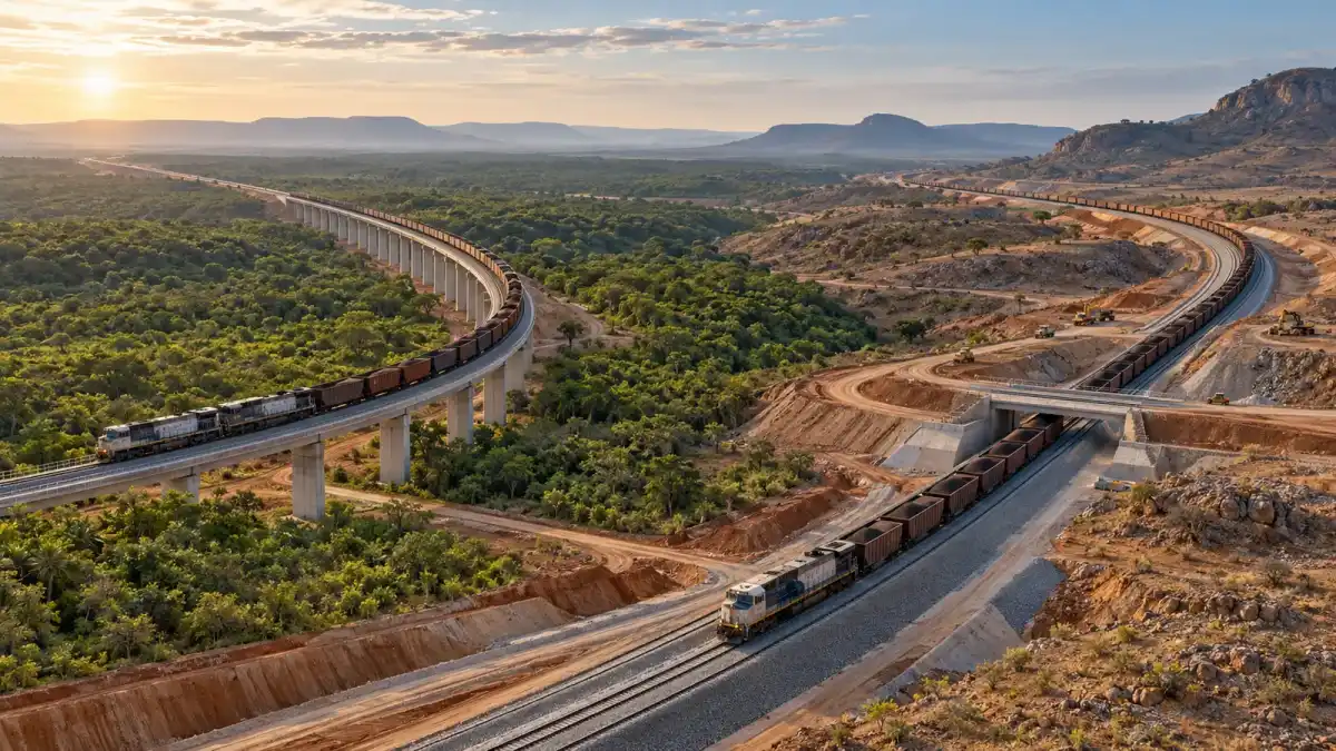 Ilustração editorial conceitual de dois corredores ferroviários de carga em implantação entre Cerrado e interior baiano