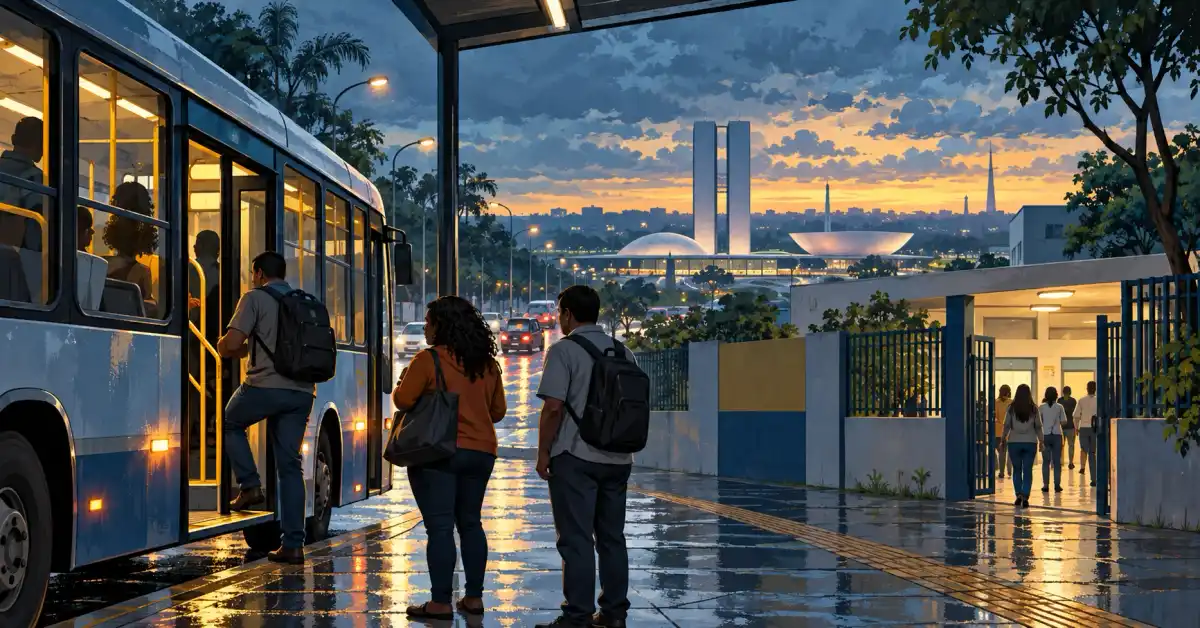Ilustração editorial de ônibus urbano e passageiros em uma cidade brasileira após a chuva, com arquitetura institucional ao fundo.