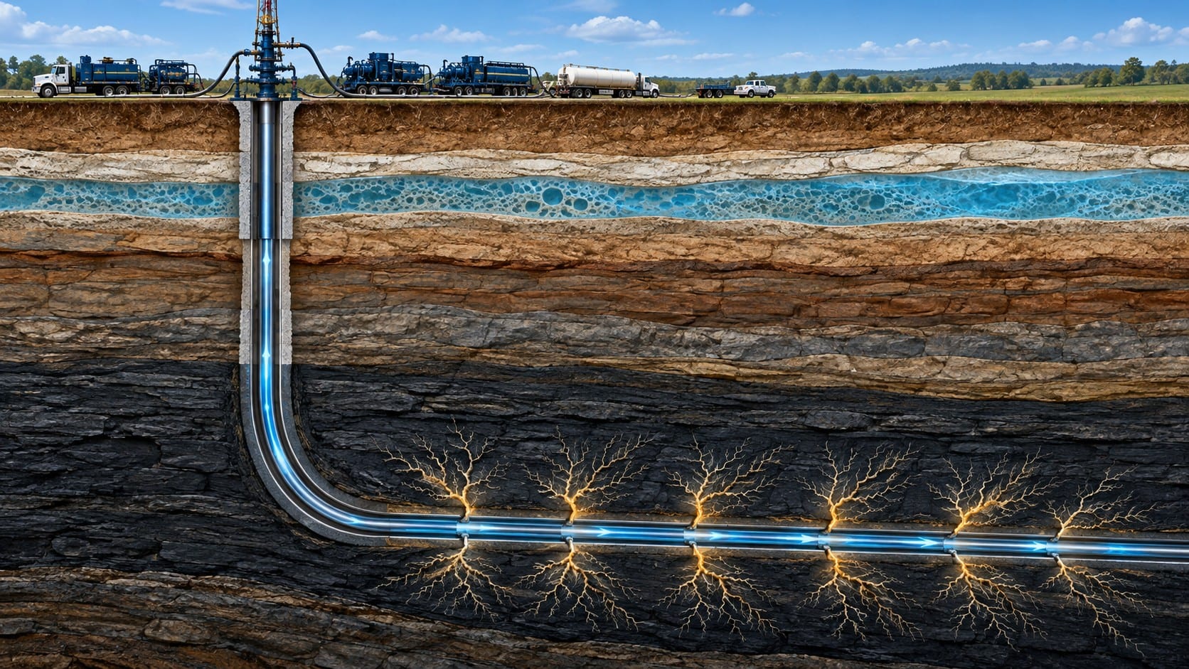 Ilustração em corte do subsolo com poço vertical e horizontal, fraturas na rocha profunda e aquífero em camada superior
