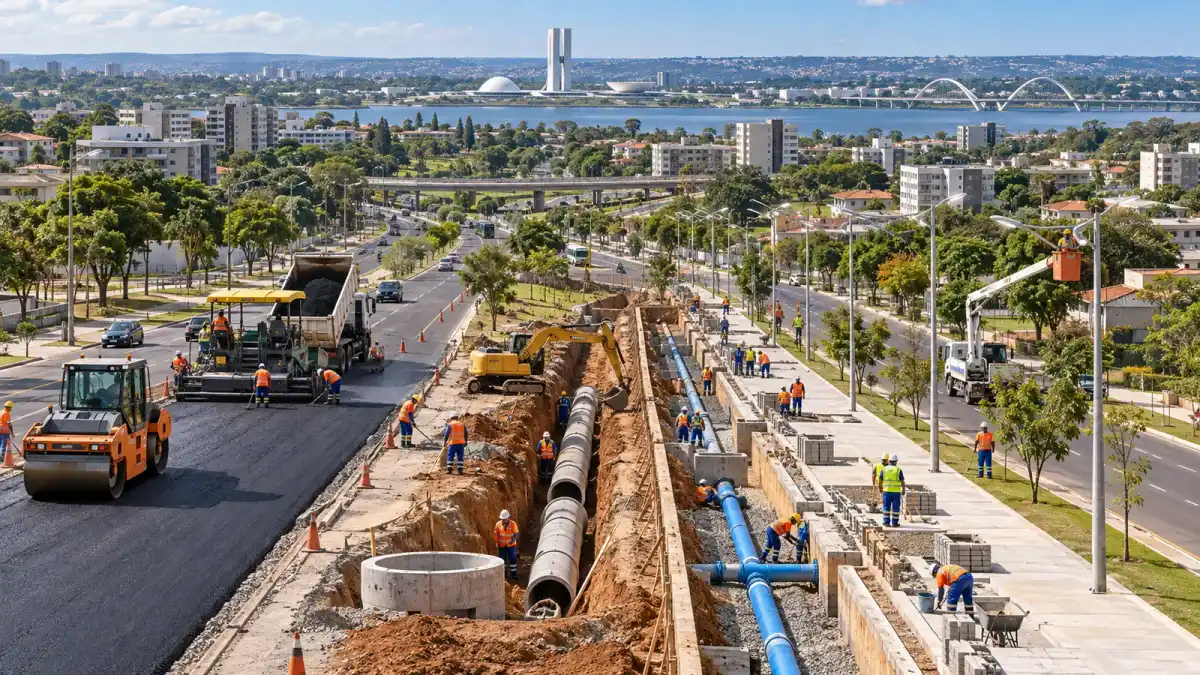 Ilustração conceitual de obras viárias, redes de água e iluminação em área urbana do Distrito Federal
