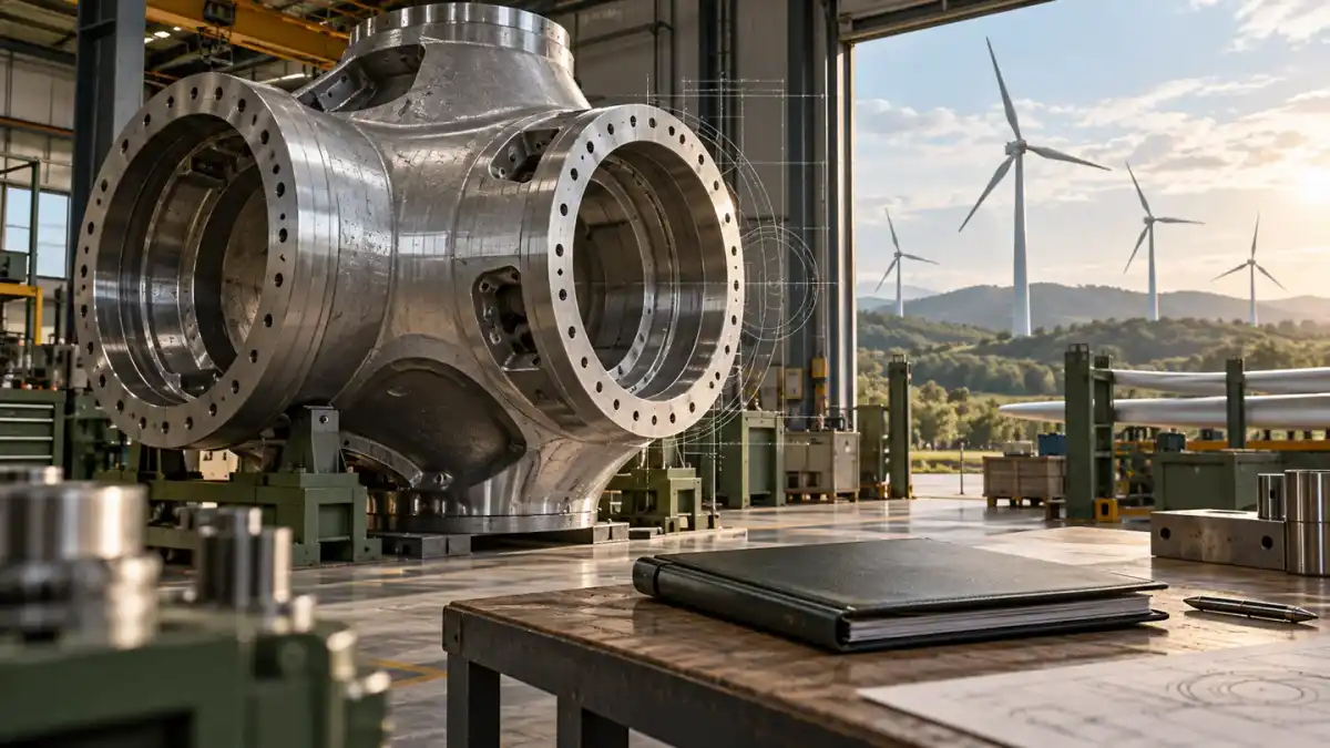 Ilustração conceitual de componente metálico de aerogerador em ambiente industrial, com pasta de documentos e turbinas eólicas ao fundo