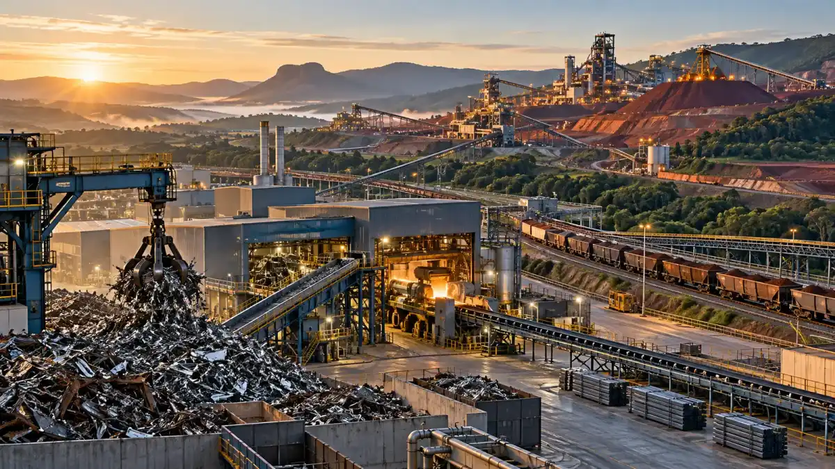 Ilustração conceitual de pátio de reciclagem de sucata integrado a operação mineral e siderúrgica
