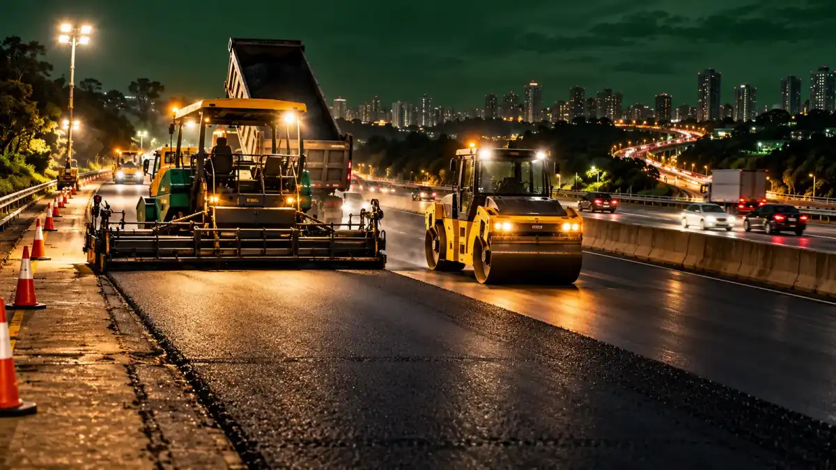 Ilustração conceitual de restauração noturna de rodovia duplicada