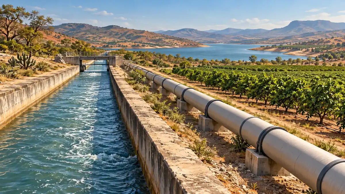 Ilustração conceitual de canal de irrigação e tubulação em paisagem semiárida