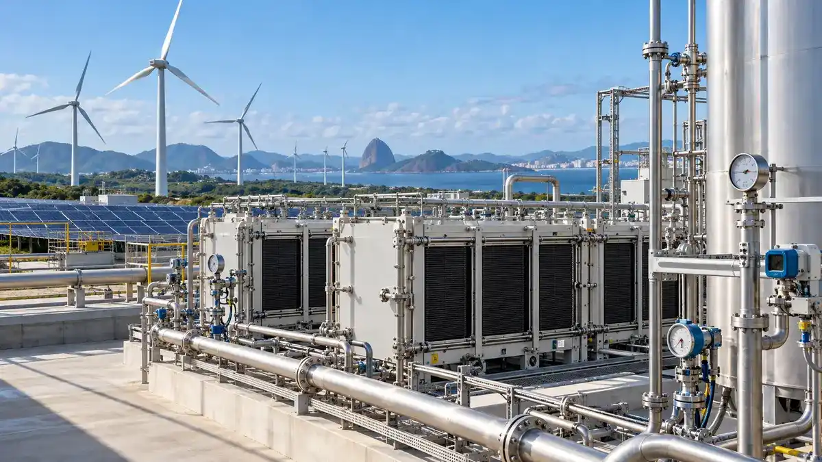Ilustração editorial de planta de hidrogênio com eletrolisadores, painéis solares, turbinas e instrumentos de medição
