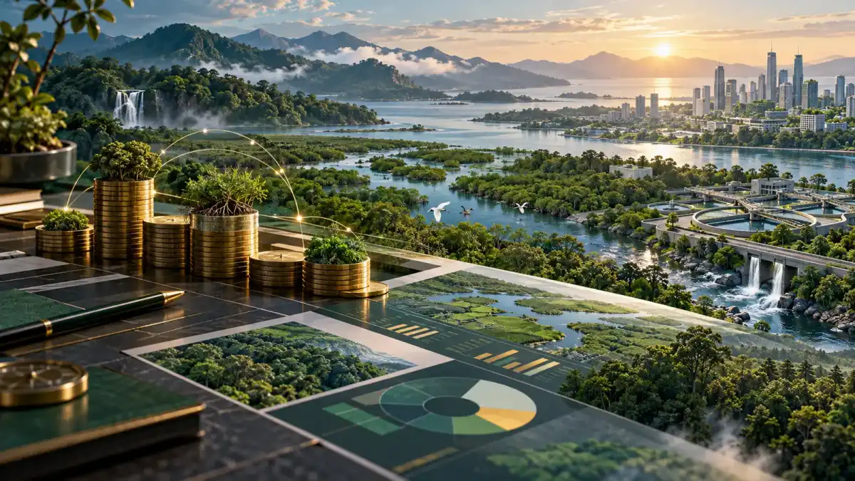 Ilustração conceitual de financiamento conectado a florestas, água e infraestrutura urbana sustentável