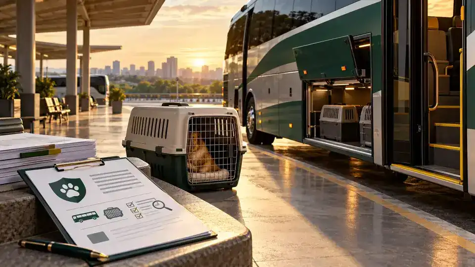Ilustração editorial de ônibus rodoviário com caixa de transporte de animal na área de embarque