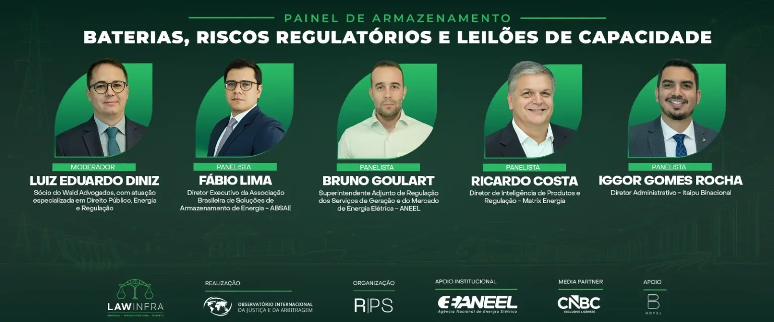 Arte oficial do painel de armazenamento do LAWINFRA Summit 2026, com o moderador e os quatro painelistas