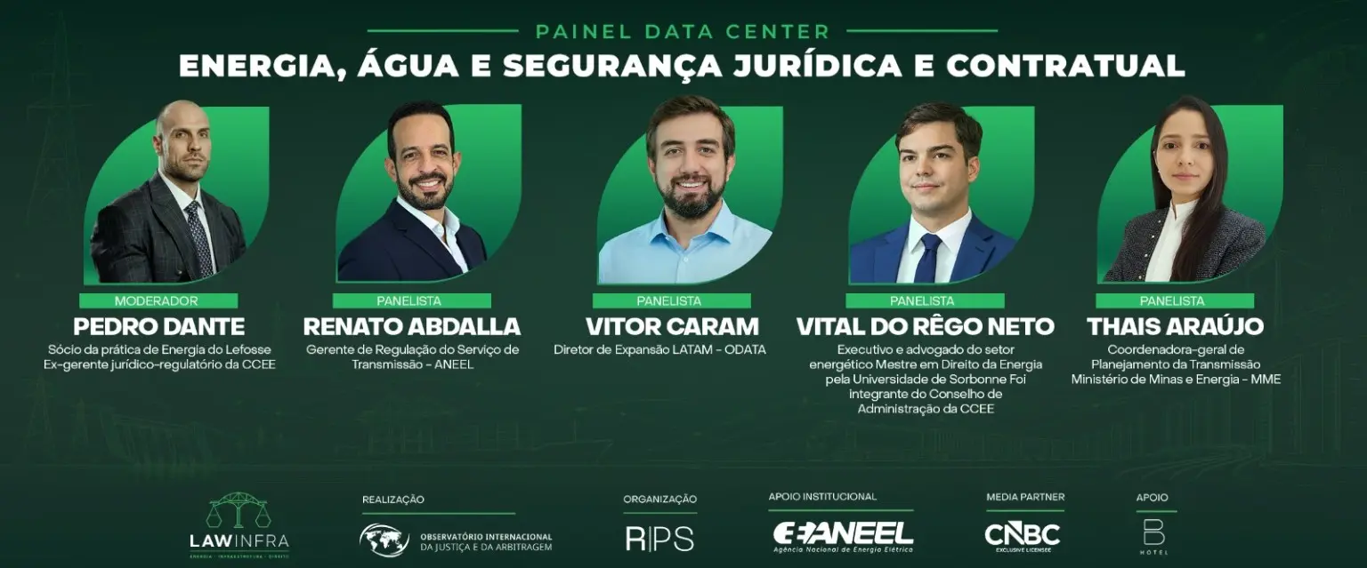 Arte oficial do painel de data centers do LAWINFRA Summit 2026, com o moderador e os quatro painelistas