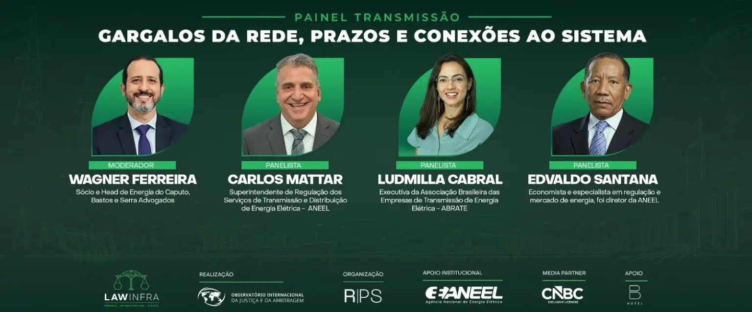 Arte oficial do painel de transmissão do LAWINFRA Summit 2026, com o moderador e os três painelistas