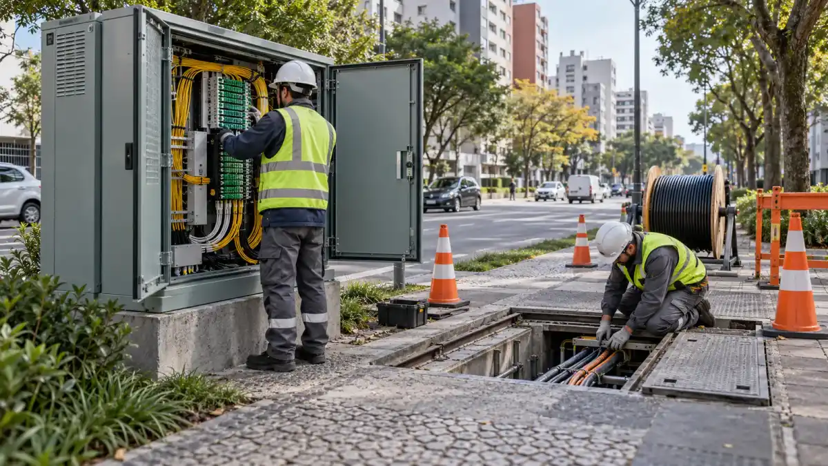 Ilustração editorial de técnicos trabalhando em armário e dutos de rede de fibra óptica em cidade do Sul do Brasil