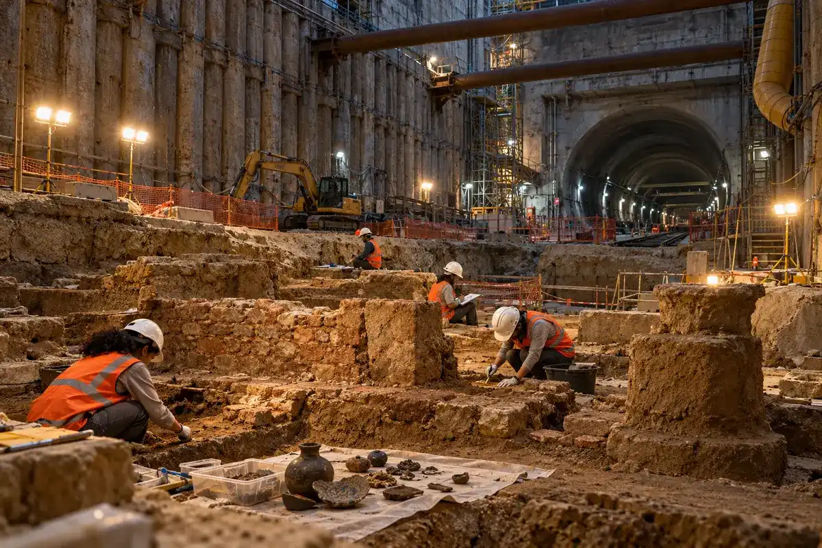 Ilustração editorial de arqueólogos documentando estruturas preservadas dentro de uma escavação profunda de estação de metrô